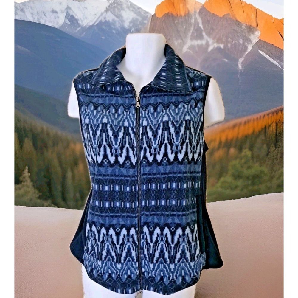 Chaps Sport Women's Fleece Vest XL Blue Aztec Tribal Print Full Zip Pockets Soft